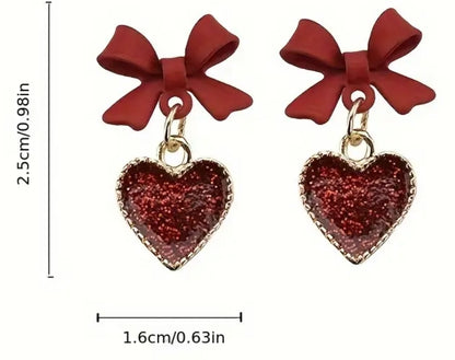 Red Bow With Sparkle Heart Dangle Earrings