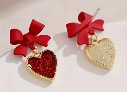 Red Bow With Sparkle Heart Dangle Earrings