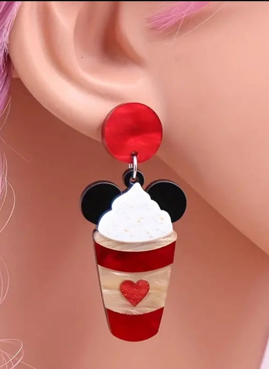 Mouse Ears Whipped Cream Drink Heart Cup Earrings