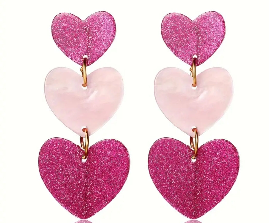 Pink 3 Heart Drop Earrings