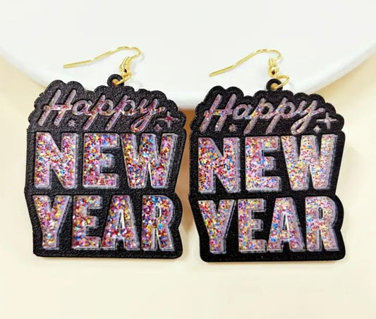 Acrylic Glitter Happy New Year Dangle Earrings