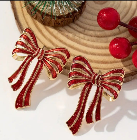 Red Bow w/Golden Dust Finish Drop Earrings