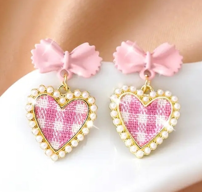 Pink Gingham Bow Heart Earrings