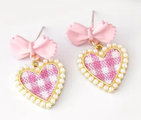 Pink Gingham Bow Heart Earrings