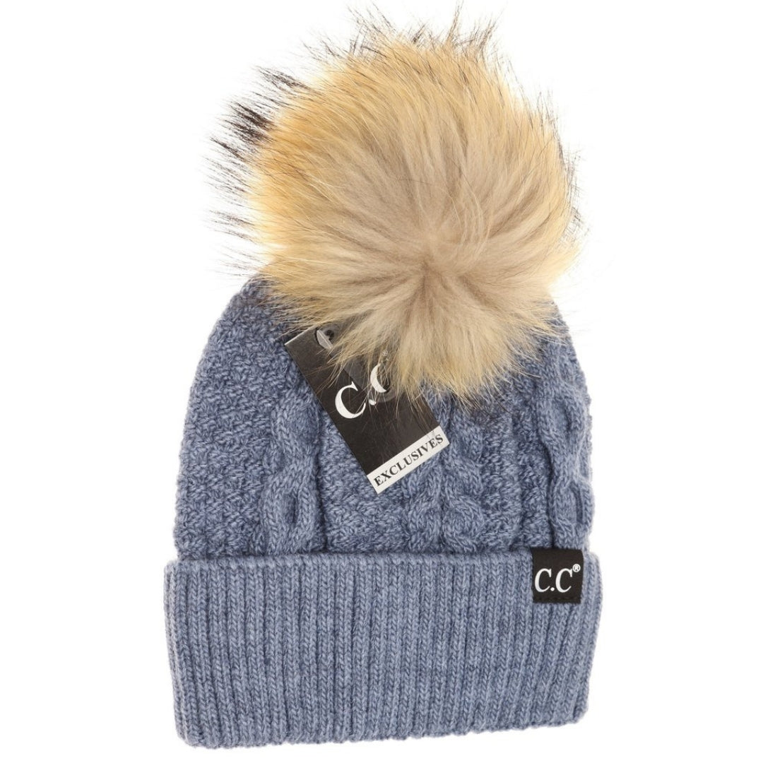 Ribbed Cuff Fur Pom Beanie