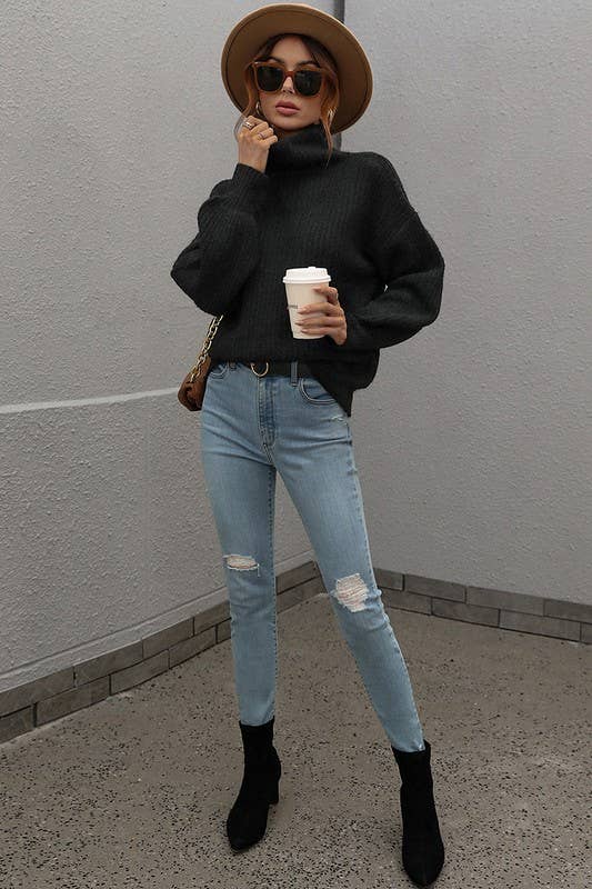 TURTLE NECK LOOSE SLEEVE KNIT SWEATER Black