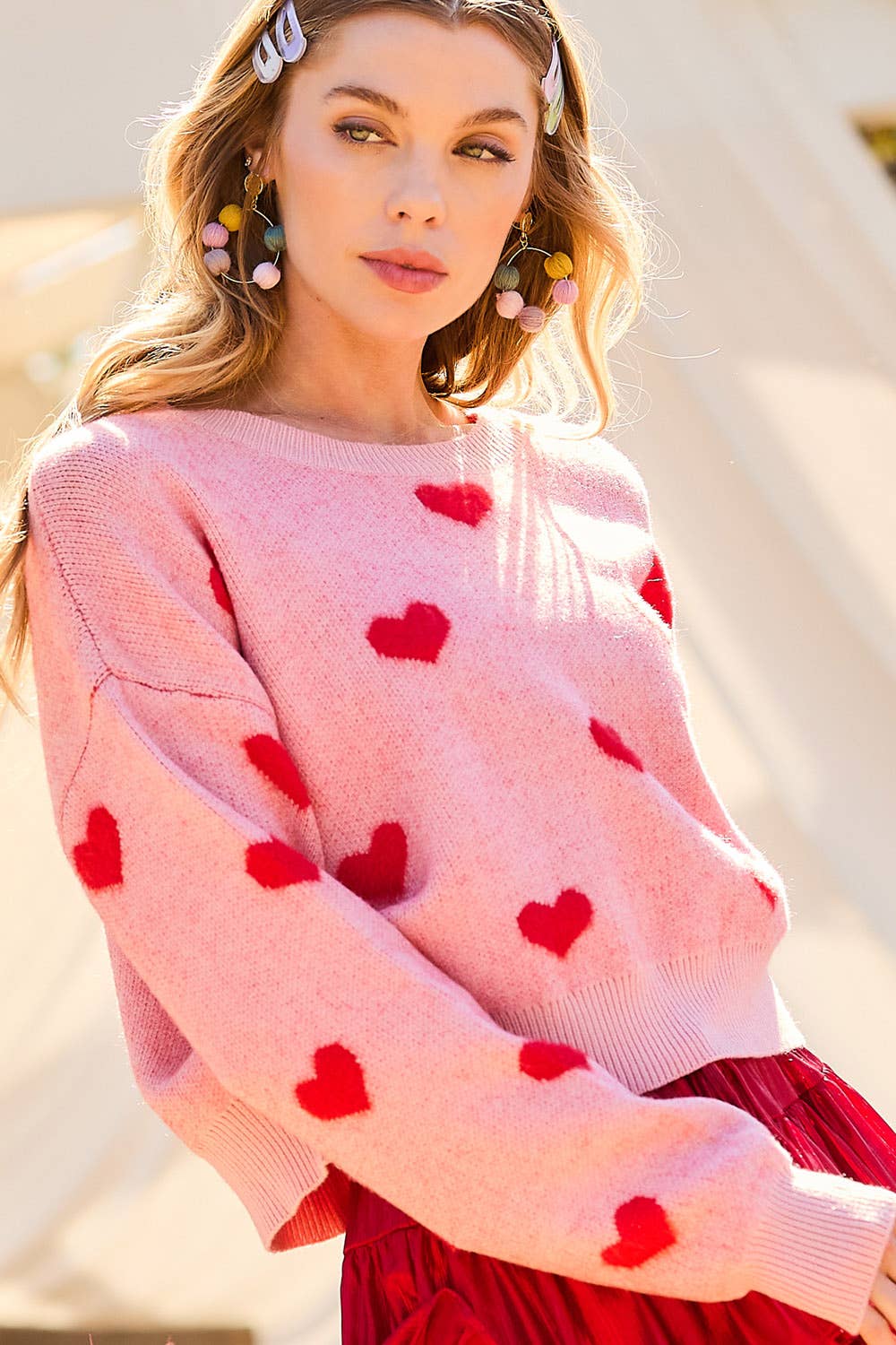 Round Neck Heart Sweater-Red