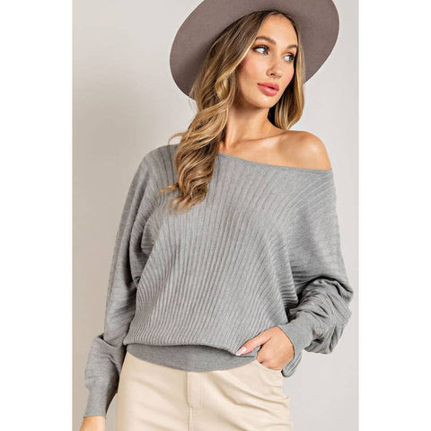 BOAT NECK RIBBED KNIT SWEATER-GREY