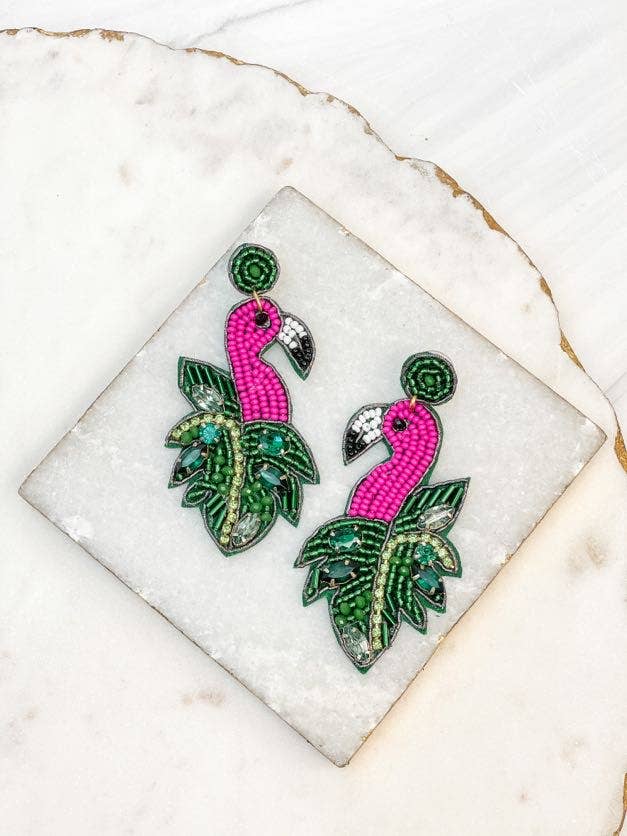 Beaded Tropical Flamingo Dangle Earrings