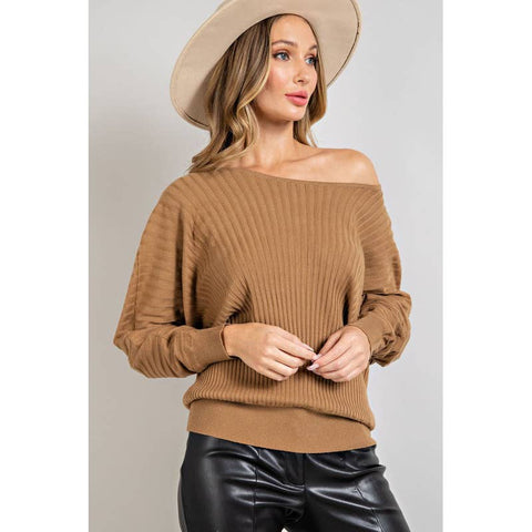 BOAT NECK RIBBED KNIT SWEATER-MOCHA