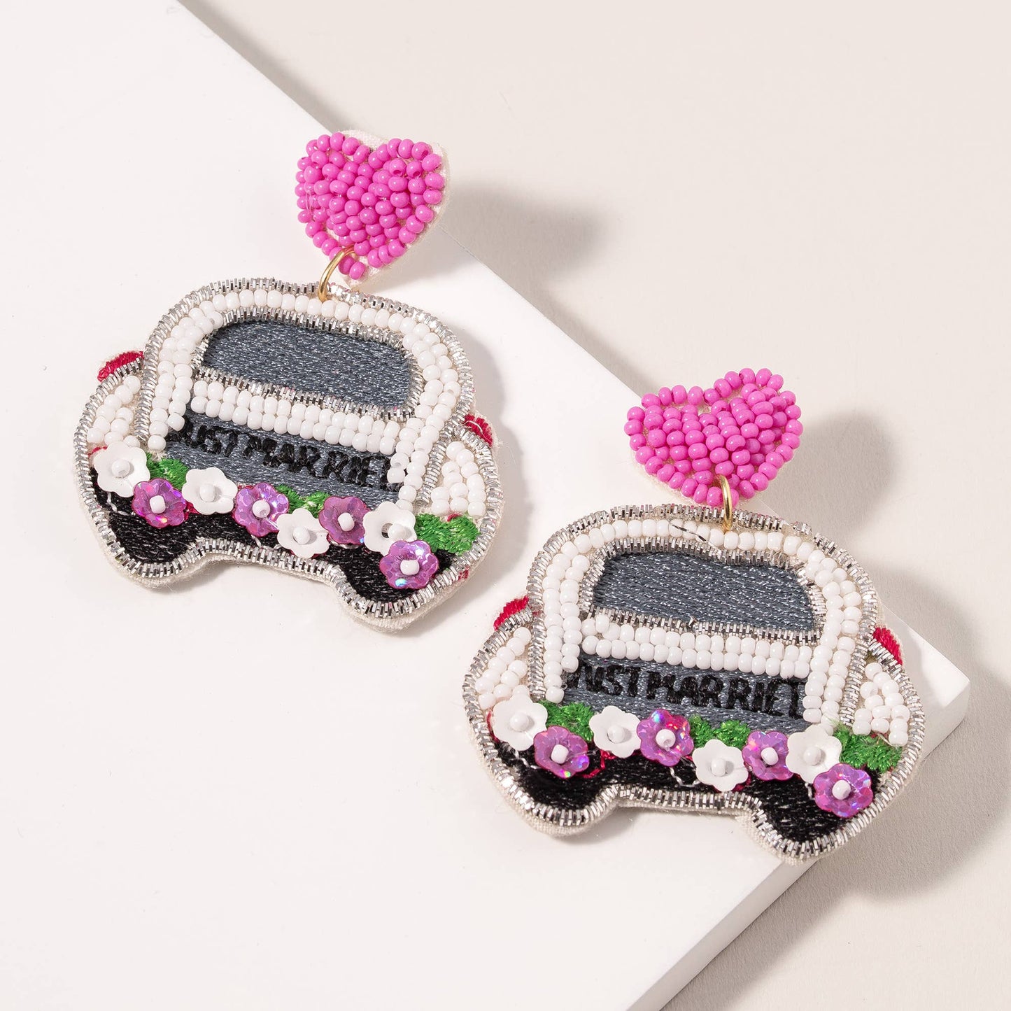 JUST MARRIED Car Seed Bead Earrings