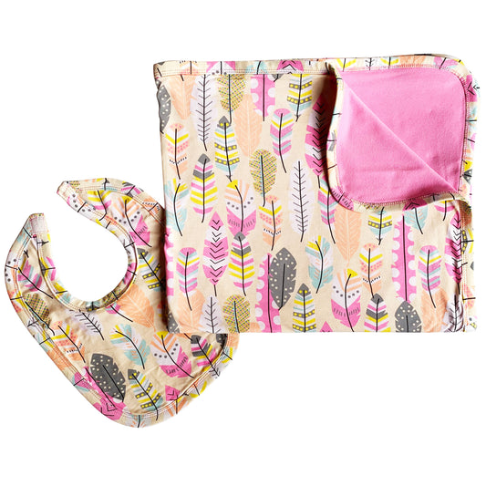 Girl Pink Feather Blanket & Bib Set Baby Shower Gift Set