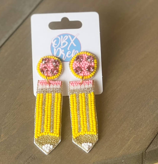 Pencil Teacher Back to School Seed Beaded Drop Earrings