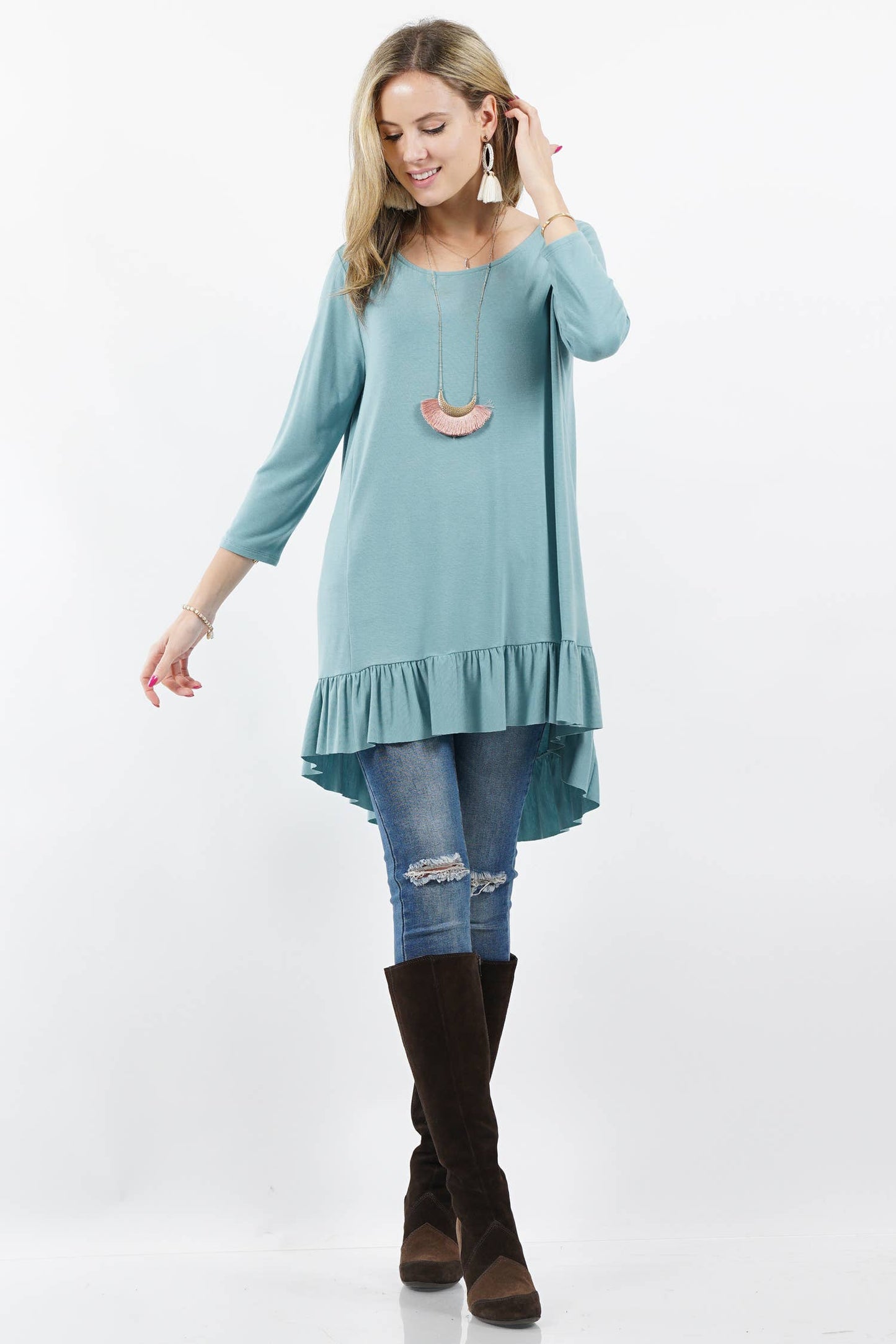 Bluegrey 3/4 Sleeve Ruffle Top