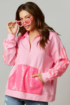 Sequin Color Block Knit Henley Sweatshirt-Pink