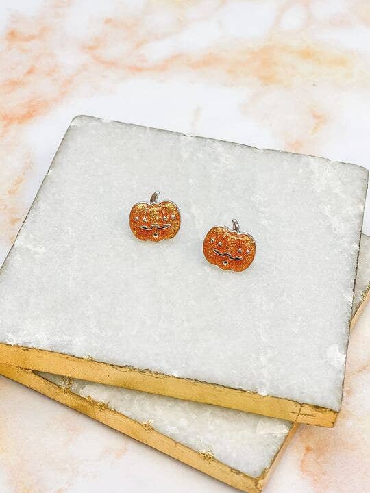 Glitter Jack O Lantern Stud Earrings