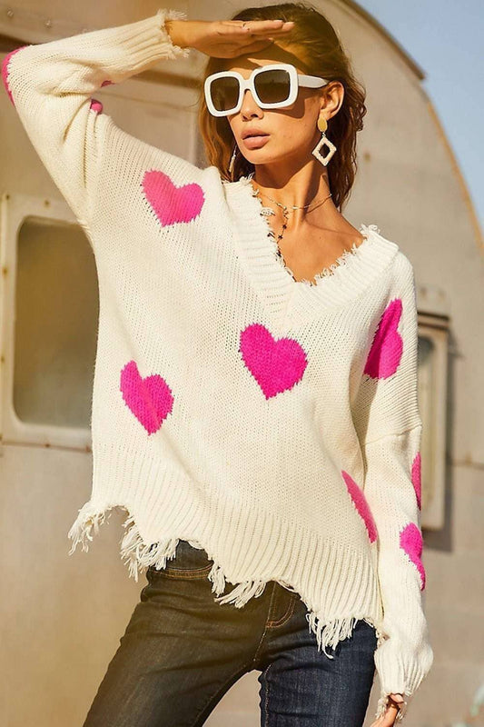 Pink Heart Print Distressed V Neck Sweater