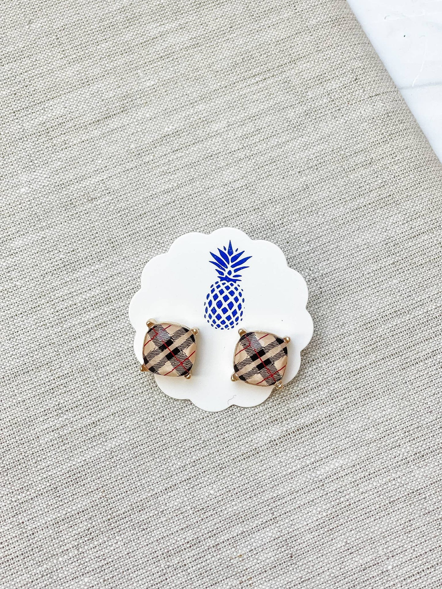 Beige Plaid Stud Earrings