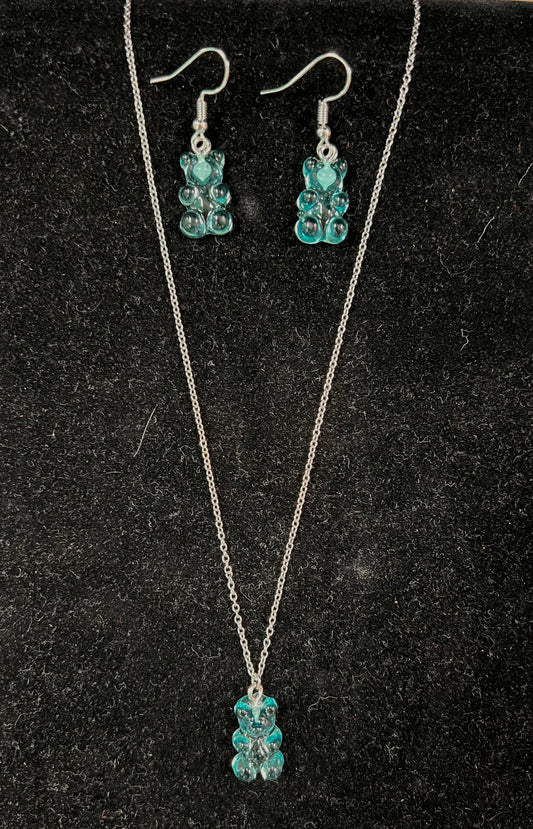 Blue Gummy Bear Earring and Necklace Set