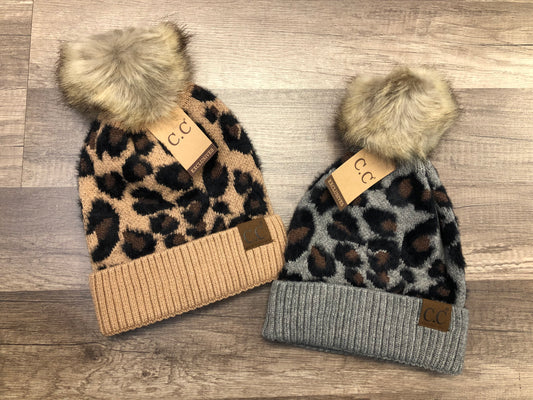 Leopard Print Pom C.C. Beanie