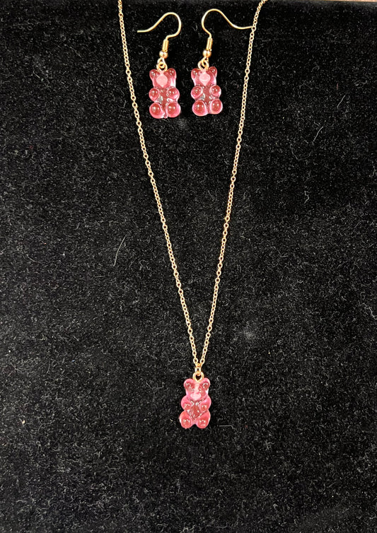 Pink Gummy Bear Earring and Necklace Set